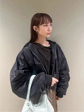 Oversized Black Hooded Bomber Jacket - Women's